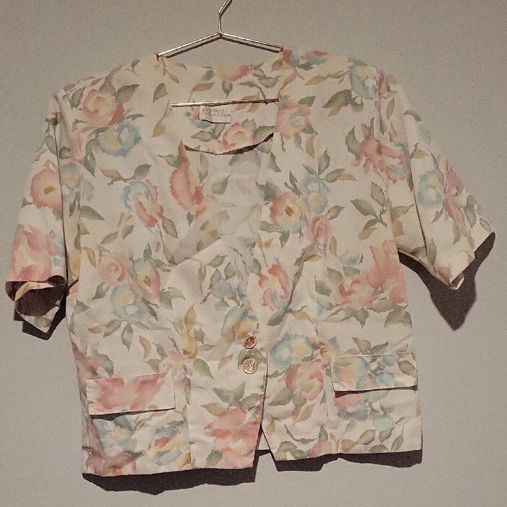 Floral Pastel Short Blazer - Cream Pink Blue